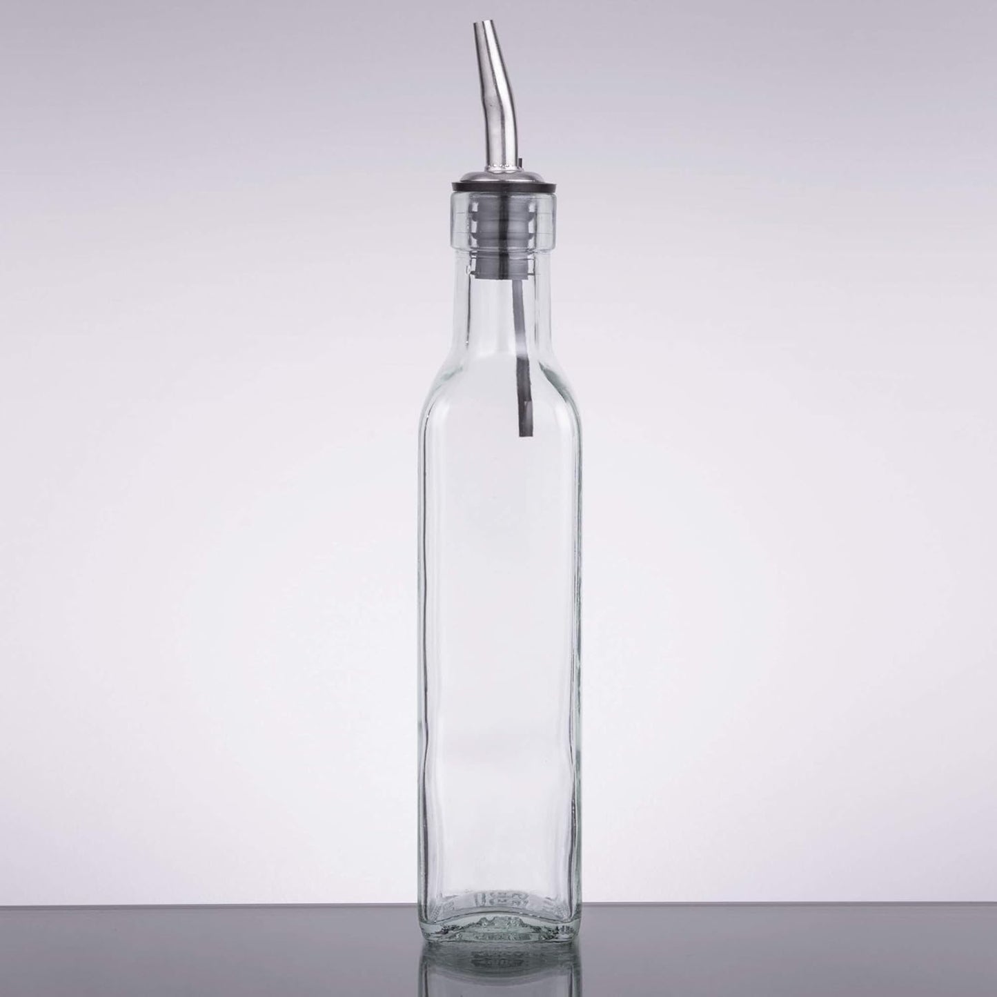 Tablecraft H9085 Glass Oil And Vinegar Cruet, Olive Oil Dispenser With Stainless Steel Spout, Slight Green Tint, 8.5 Ounce