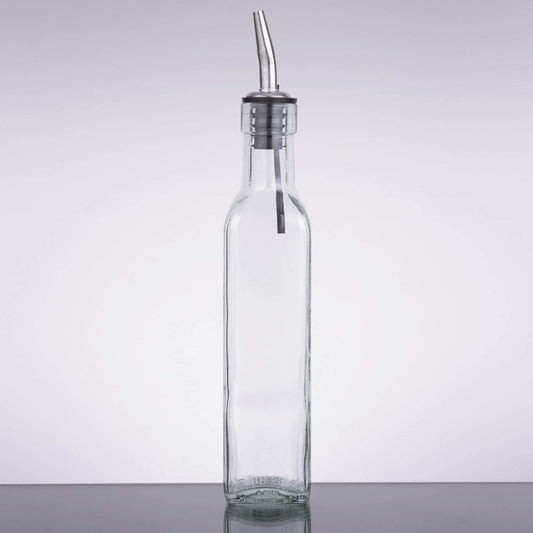 Tablecraft H9085 Glass Oil And Vinegar Cruet, Olive Oil Dispenser With Stainless Steel Spout, Slight Green Tint, 8.5 Ounce