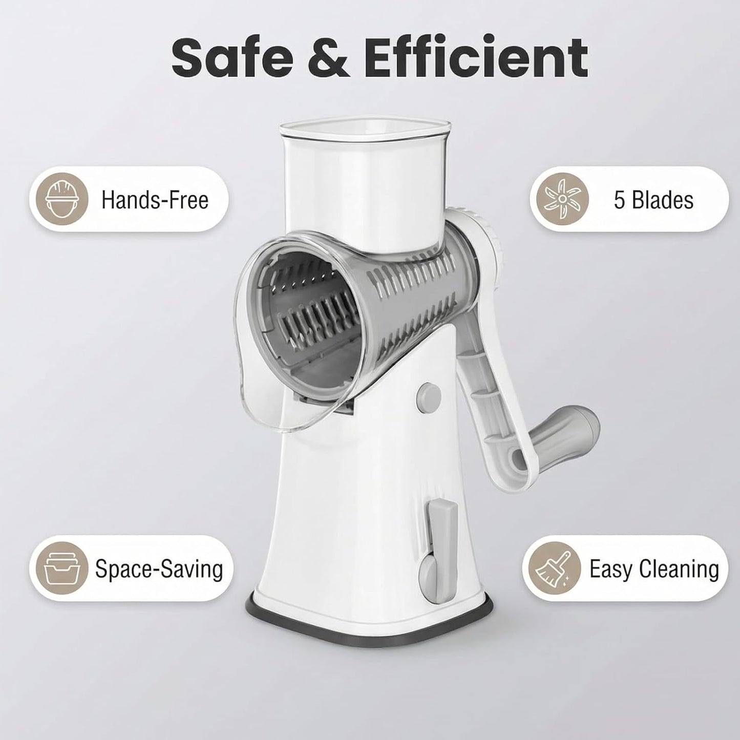 Sakerplus 5 in 1 Rotary Cheese Grater Shredder with Handle, Hand Crank Manual Vegetable Slicer & Drum Grater for Cheese, Potatoes, Nuts, Salad, Dishwasher Safe Blades (1, White)