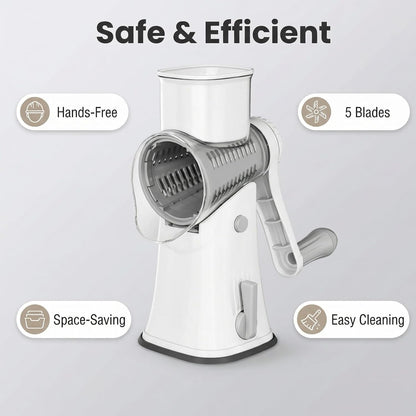 Sakerplus 5 in 1 Rotary Cheese Grater Shredder with Handle, Hand Crank Manual Vegetable Slicer & Drum Grater for Cheese, Potatoes, Nuts, Salad, Dishwasher Safe Blades (1, White)