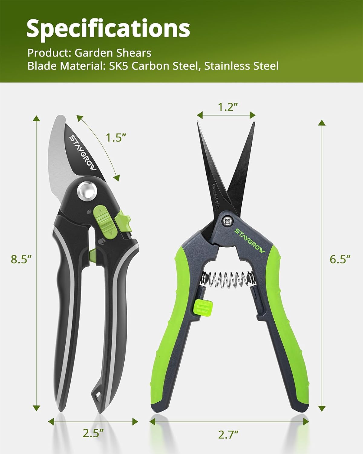 2pcs 6.5" Pruning Shears for Gardening, Ultra Sharp Garden Scissors for Precise Cuts, Stainless Steel Bonsai Clippers with Spring Loaded, 6.5 Inch Garden Shears (1pc Straight & 1pc Curved)