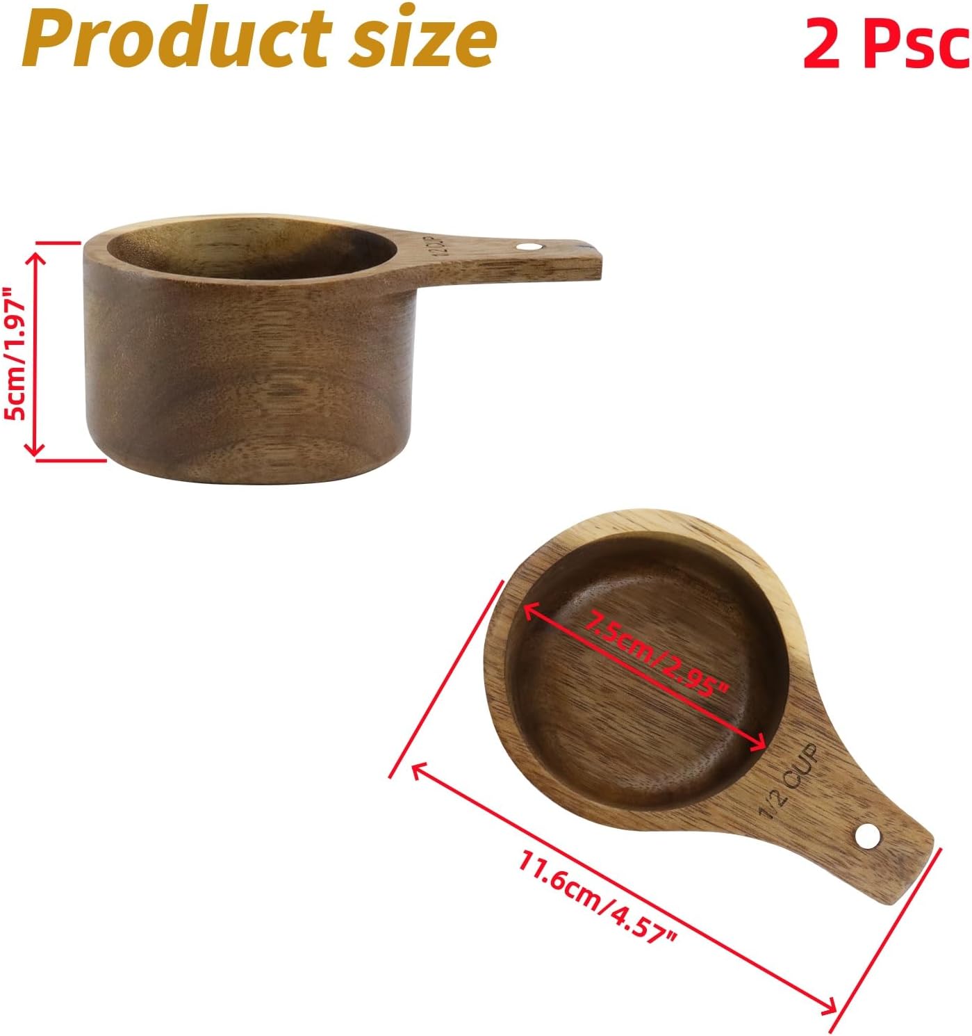 Oedema 2 Pcs Wooden Measuring Cup 1/4 Cup Mini Coffee Scoop Kitchen Measure Tool Measuring Spoon for Coffee Beans Tea