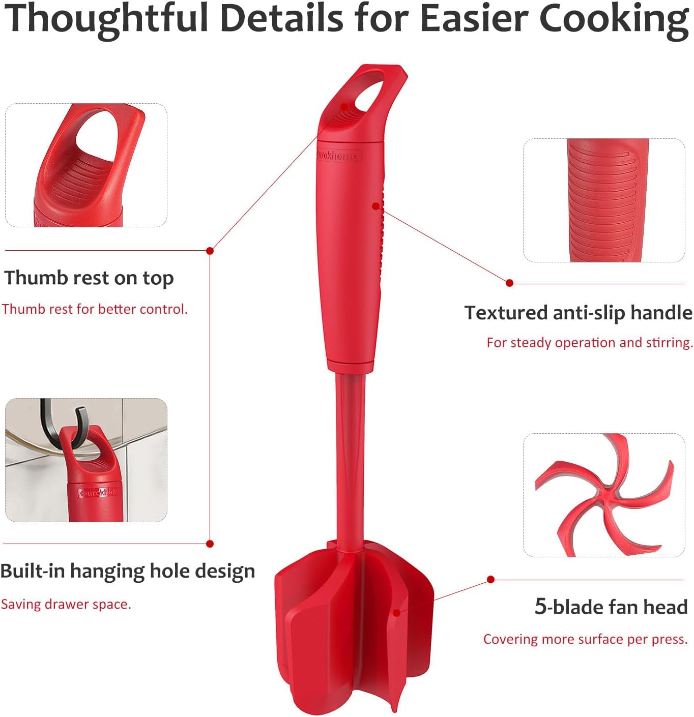 Ourokhome Meat Chopper and Potato Masher, Heat Resistant Nylon Ground Beef Smasher for Hamburger, 5 Curved Blades Nonstick Mixer & Stirrer, Practical Kitchen Gadgets, Black