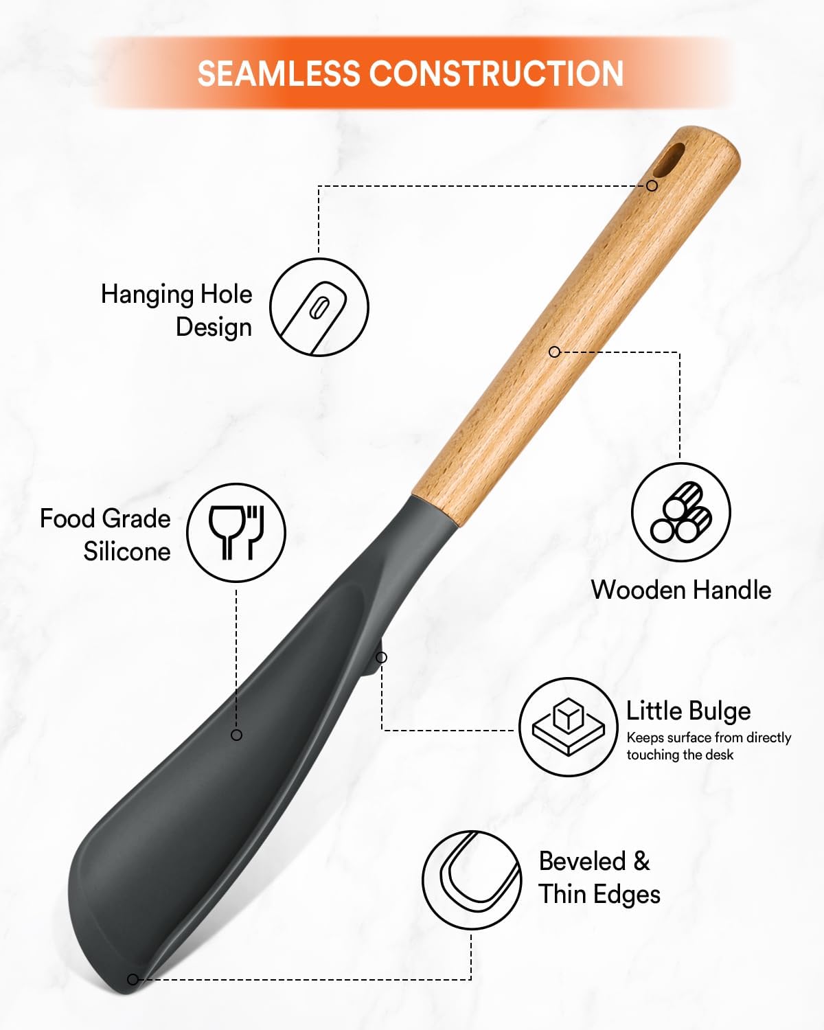 Cooking Spoon for Nonstick Cookwares, Great for Cooking and Serving Sturdy BPA-Free Matte Silicone, Wood Handle Spoon for Mixing, Scoop, and Scrape (Black & Grey, 11.4 inch)