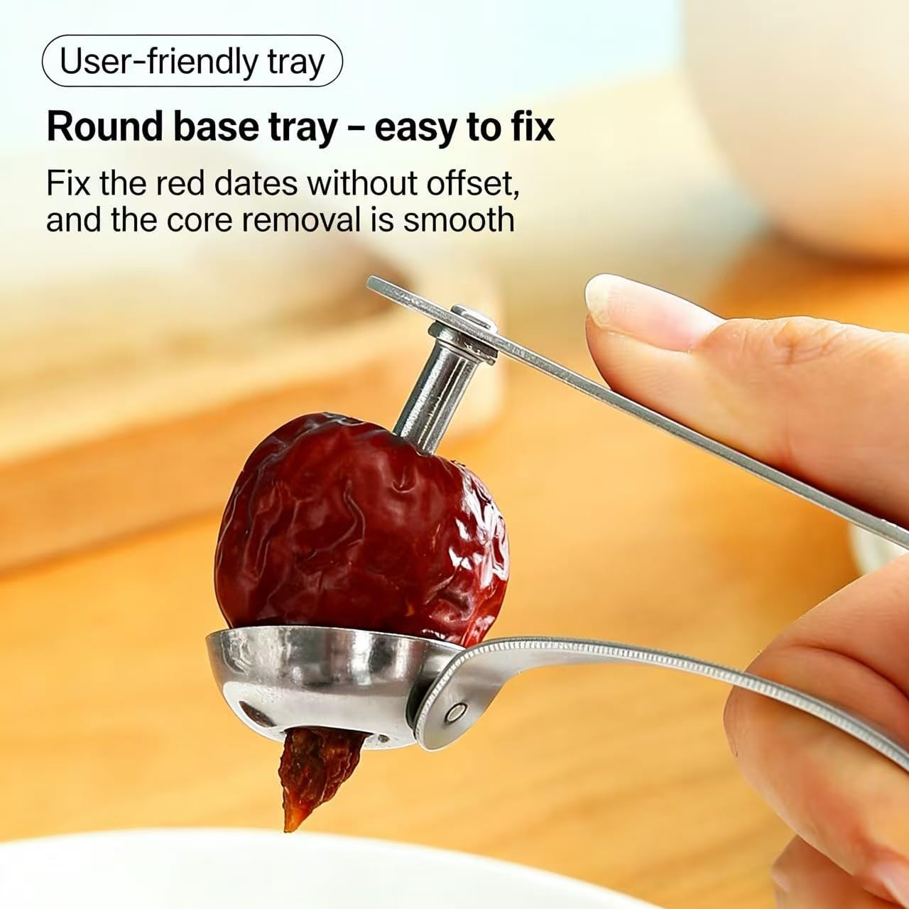 Stainless Steel Red Date Pitter, Multifunctional Cherry & Jujube Core Remover Tool with Round Bowl Holder, Hanging Design for Easy Storage