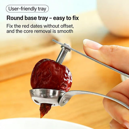 Stainless Steel Red Date Pitter, Multifunctional Cherry & Jujube Core Remover Tool with Round Bowl Holder, Hanging Design for Easy Storage