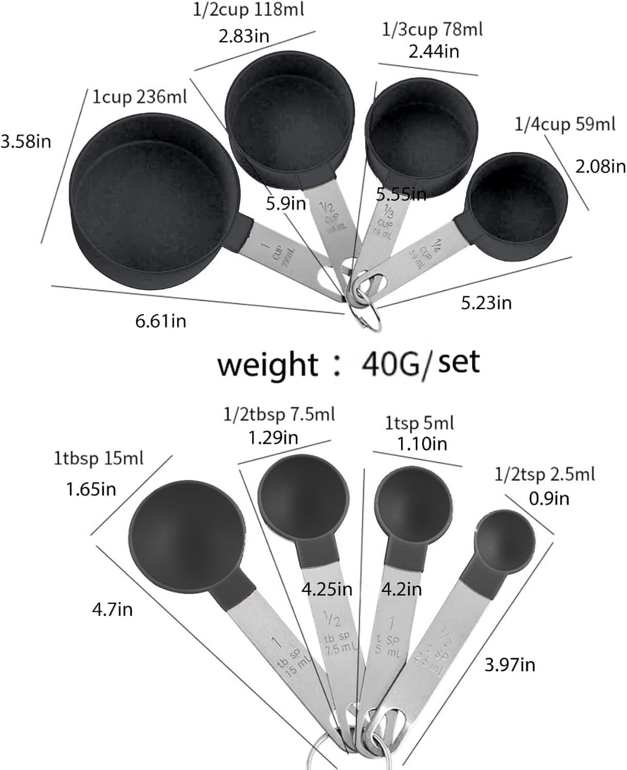 Plastic Measuring Cup & Spoon Set – 8-Piece with Stainless Steel Handles, Stackable, for Baking & Cooking
