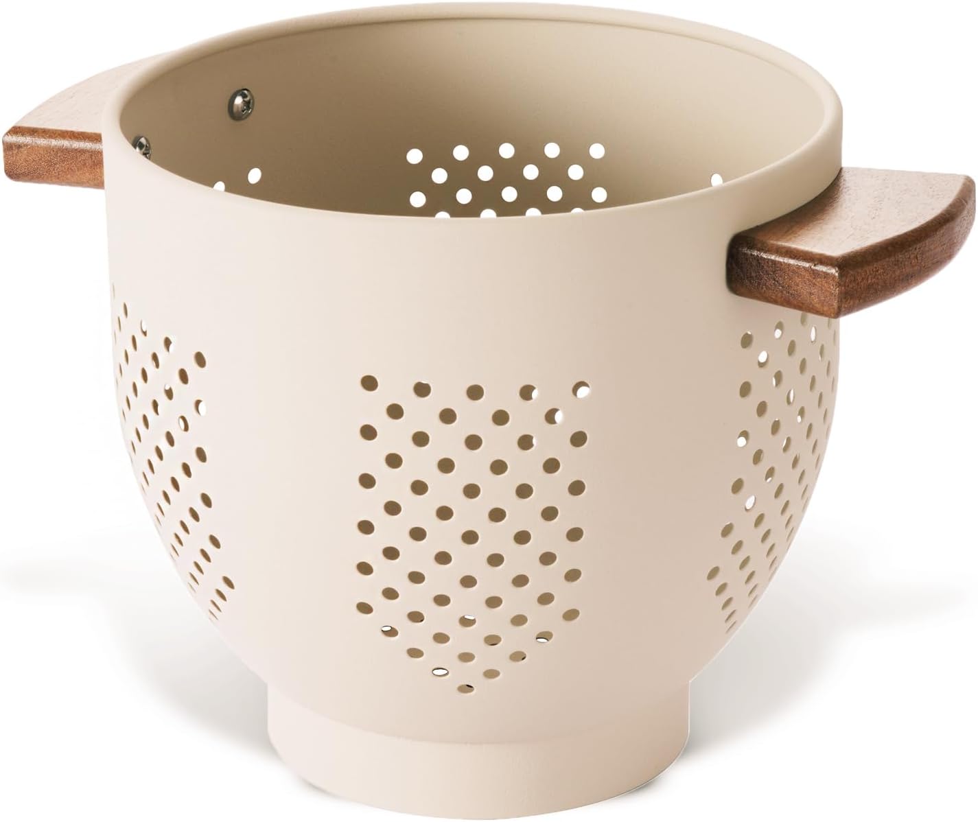 Metal Colander with Wood Handle and Stable Base, 5.5 Quart Powder Coated Steel Kitchen Strainer Basket for Draining Pasta, Vegetable and fruit,Cream