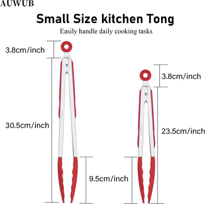 9+12 Inch Blue Salad Tongs 2-Piece Set, Silicone with 304 Stainless Steel Core & Non-Slip Grip, Kitchen Utensils for Grilling Salad