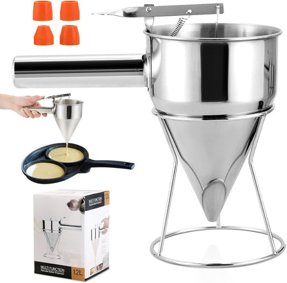 NATGAI 40OZ Stainless Steel Pancake Batter Dispenser, Multi-Caliber Funnel Cake Dispenser with Stand, Fit for Pancakes, Cupcakes, Waffles, and Baked Goods (1200ML/40OZ with 4PCS Silicone Nozzles)