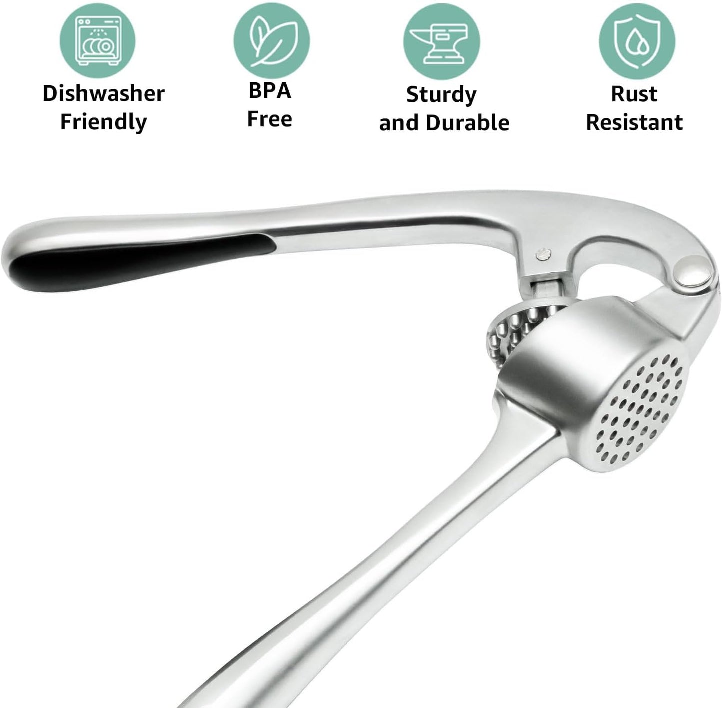 Garlic Press Crusher & Mincer – Easy Squeeze Ergonomic Handle, Heavy Duty Zinc Alloy, Dishwasher Safe, Includes Peeler & Cleaning Brush – Garlic Ginger Crusher Tool (Black)