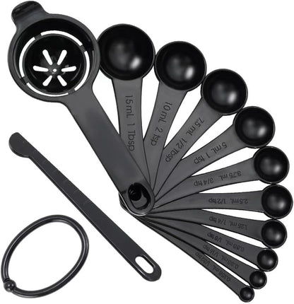 DOTINGHUX Measuring Spoons, Plastic Measuring Spoons Set with Egg Separator 12-Piece,Black