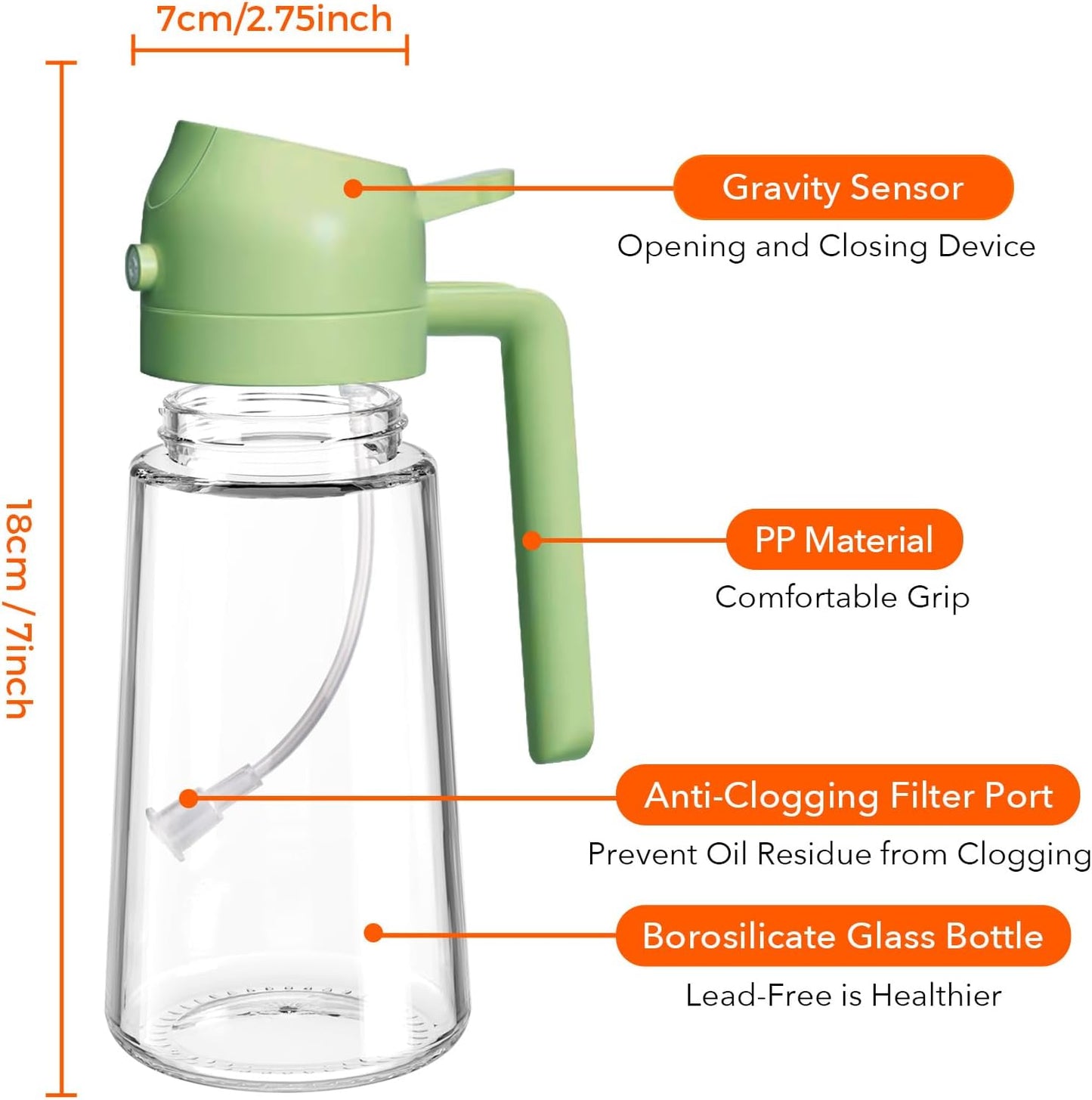 YARRAMATE 16oz/470ml Glass Olive Oil Sprayer for Cooking with Stickers, 2 in 1 Oil Dispenser for Kitchen Gadgets, Food Grade Premium Spray Bottle with Portion Control for Salad, Frying, BBQ (Black)