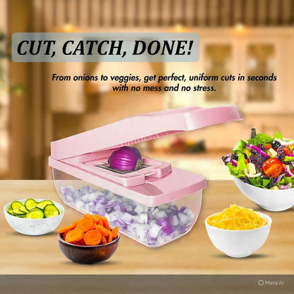 Kalmat Dynamics Food Chopper and Vegetable Slicer, 16-in-1 Multi-Function Kitchen Chopper with 7 Blades and Container, Free Black Cooking Apron (Pink+White)