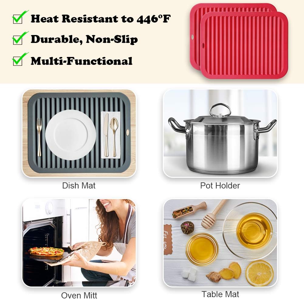 Walfos Silicone Trivet Mats - 4 Heat Resistant Pot Holders, Multipurpose Non-Slip Hot Pads for Kitchen Potholders, Hot Dishers, Jar Opener, Spoon Holder, Food Grade Silicone & BPA Free (Black)