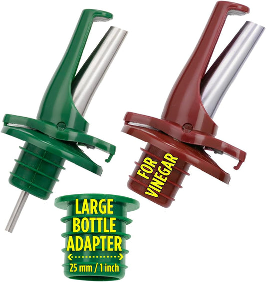 AIRTIGHT Olive Oil Pour Spout for Olive Oil Dispenser - UK Patented Oil Pourer - Hygienic One Handed Open Close Mechanism Keeps Oil Fresh. Dust Caps Cover | Screens Alternative - Green 2 PCs