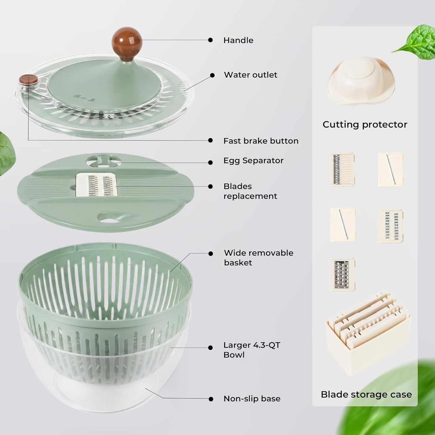 Salad Spinner Large Lettuce Spinner 4.3 Qt with Non-Slip Base & Stop Button Vegetable Dryer & Fruit Washing Bowl for Efficient Salad Prep