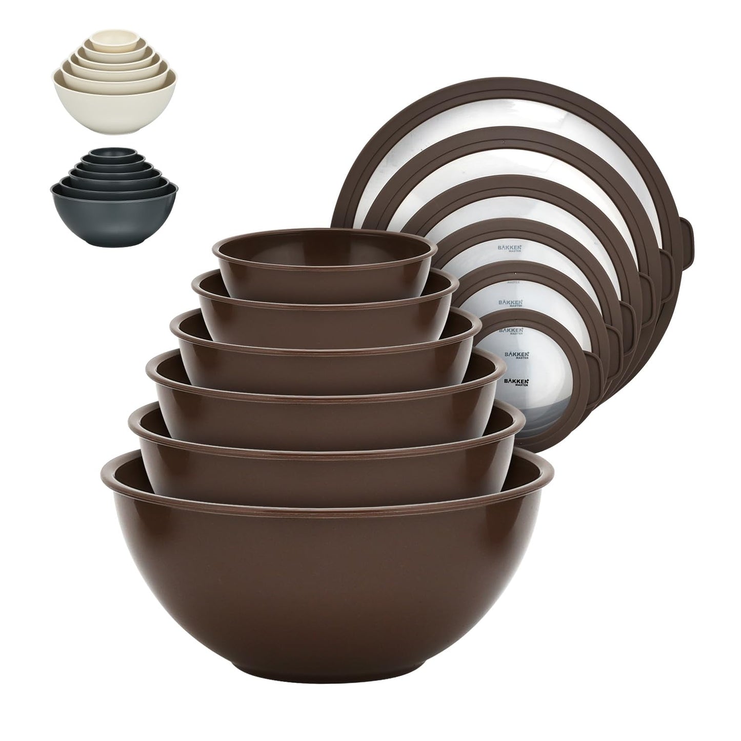 Bakken Master 12 Piece Plastic Nesting Bowls with Lids - Mixing Bowls Set includes 6 Prep Bowls and 6 Lids, BPA-Free, Reusable Meal Prep Containers, Microwave, Freezer & Dishwasher Safe, White Cream