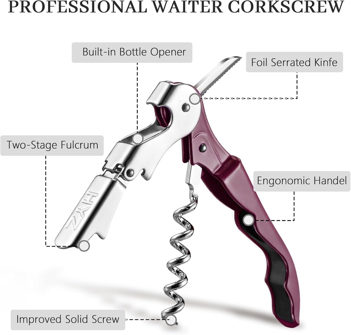 HYZ 2-Pack Wine Opener Waiter Corkscrew, Professional Wine Key for Servers, Bartender, with Foil Cutter, Manual Wine Bottle Opener Double Hinged (Black)