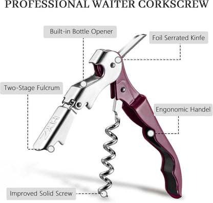 HYZ 2-Pack Wine Opener Waiter Corkscrew, Professional Wine Key for Servers, Bartender, with Foil Cutter, Manual Wine Bottle Opener Double Hinged (Black)