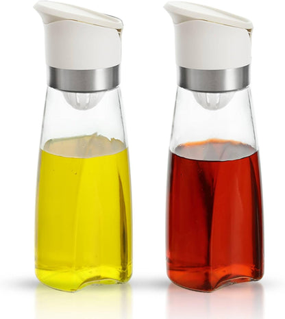 Premium Glass Olive Oil and Vinegar Dispenser Bottles Set, 2-Piece 16oz Kitchen Cooking Cruet with Auto-Open Lid, Non-Drip Pouring Spout, Oil Infuser Filter, Dishwasher Safe