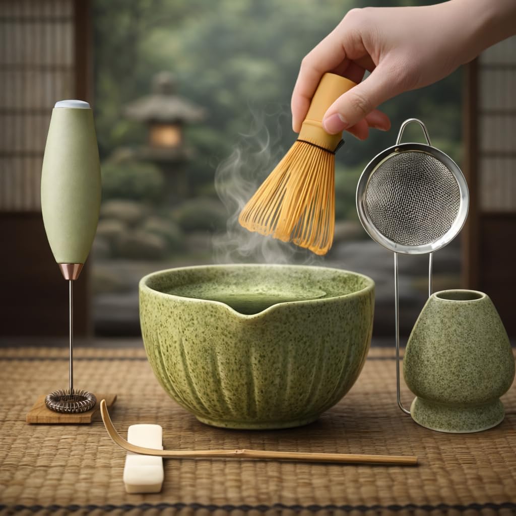 Matcha Whisk Set with Matcha Bowl - Matcha Set Included Electric Frother, Bamboo Whisk, Matcha Spoon, Bamboo Holder, Sifter, Spoon Stand (Blossom Pink)