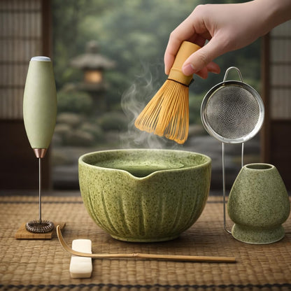 Matcha Whisk Set with Matcha Bowl - Matcha Set Included Electric Frother, Bamboo Whisk, Matcha Spoon, Bamboo Holder, Sifter, Spoon Stand (Blossom Pink)
