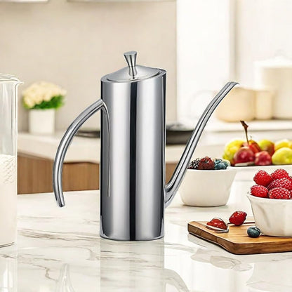 KSENDALO Stainless Steel Olive Oil Dispenser - 24oz/700mL Leakproof Oil Bottle, Premium One-Piece Design with Long Narrow Spout, Vertical Handle Kitchen Cruet for Precision Pouring