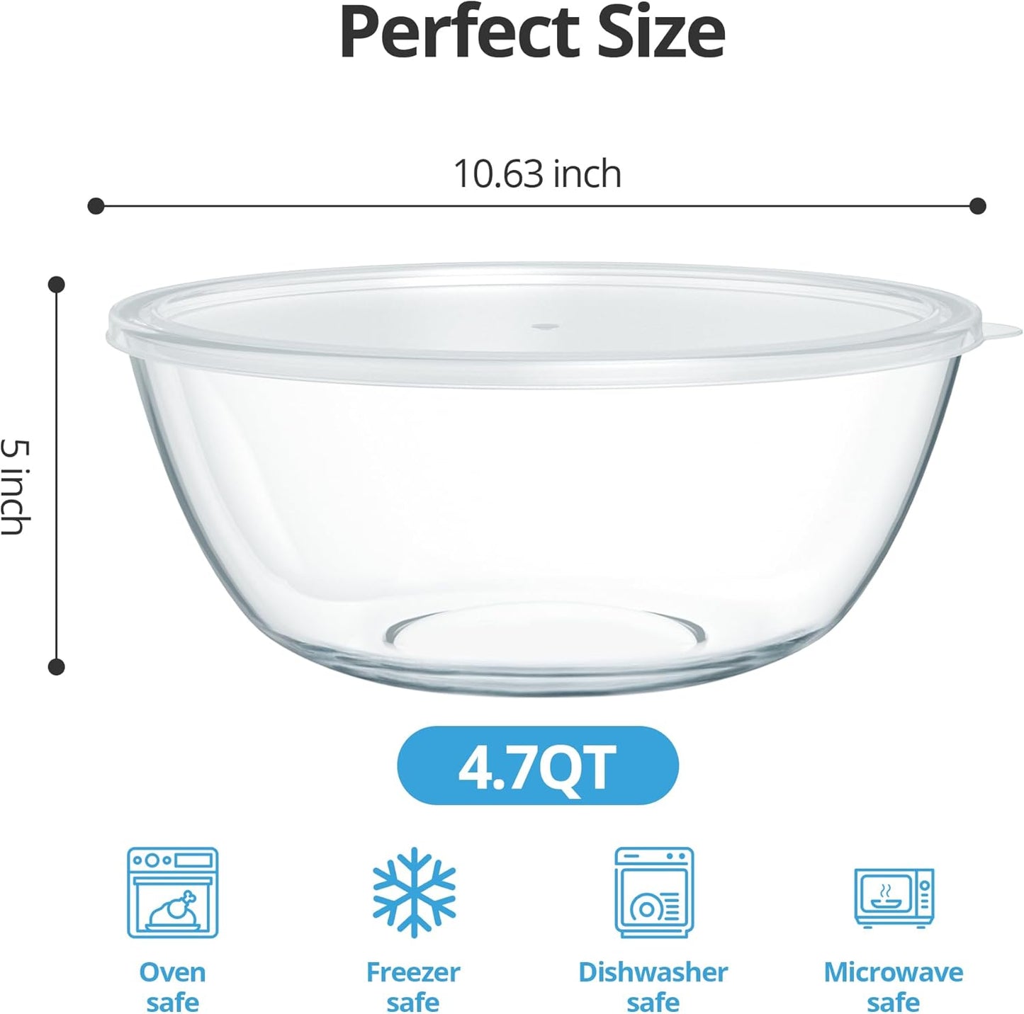4.7 Qt Extra Large Glass Mixing Bowls Clear Glass Salad Cooking Bowls for Kitchen Salad Bread Storage