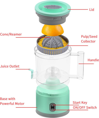 Electric Citrus Juicer, Rechargeable Juicer Machine with USB Cable and Cleaning Brush, Touch Button, Automatic Orange Lime Lemon Grapefruit Squeezer, Easy to Clean Portable Juicer, White