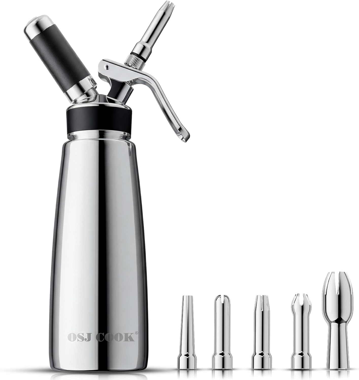 Professional Aluminum Whipped Cream Dispenser - 500 mL/1 Pint,Leak-Free Whipped Cream Maker Canister with 8 Decorating Nozzles & Cleaning Brush - N2O Chargers (Not Included) (Silver, 500ml)