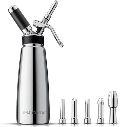 Professional Aluminum Whipped Cream Dispenser - 500 mL/1 Pint,Leak-Free Whipped Cream Maker Canister with 8 Decorating Nozzles & Cleaning Brush - N2O Chargers (Not Included) (Silver, 500ml)
