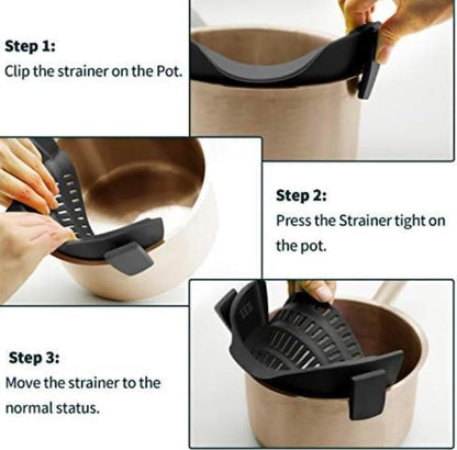 Clip On Silicone Strainer for Pots and Pans, Pasta Strainer, Food Strainer for Meat, Vegetables, Fruit, Gray