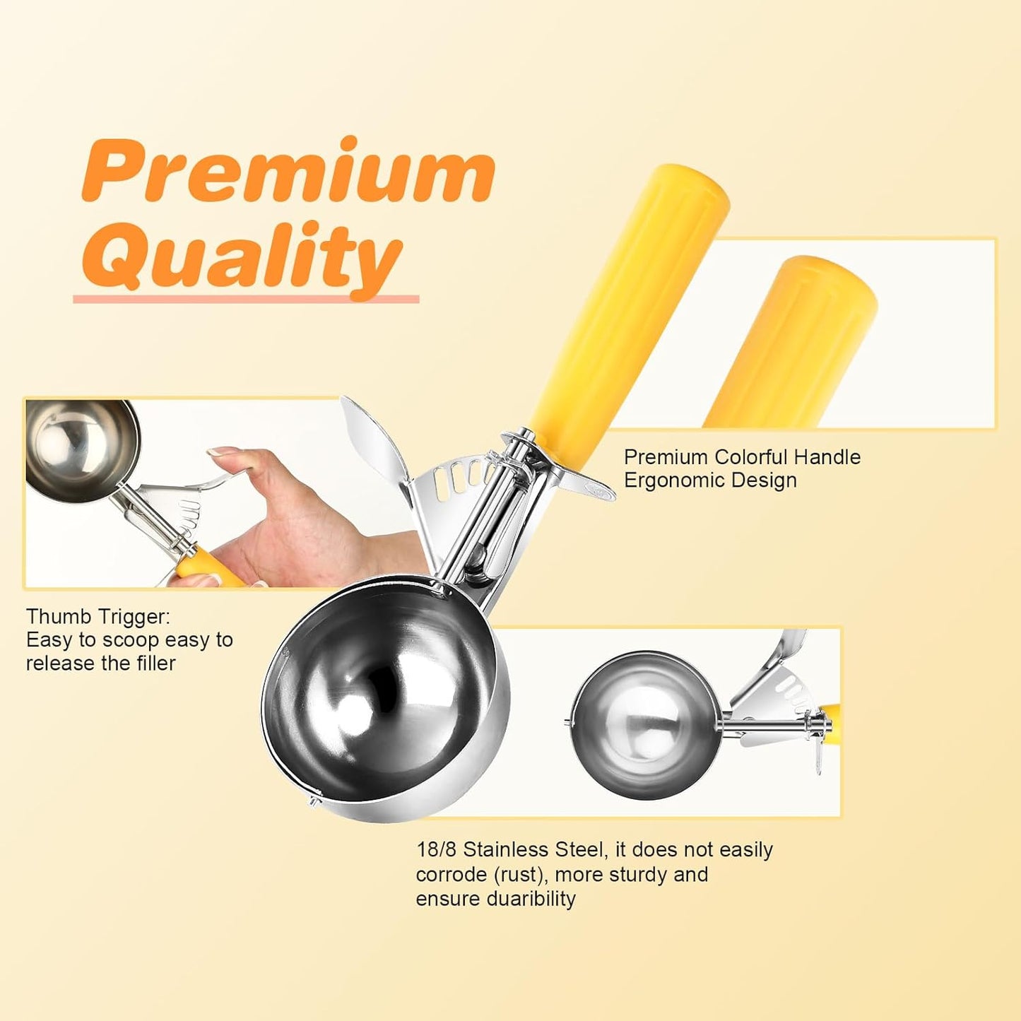 Ice Cream Scoop with Trigger, Cookie Scoops Set of 3 Portion Scoop 18/8 Stainless Steel Cupcake Measuring Scoop for Cookie Dough Cupcake Batter Ice Cream (4 oz + 2 oz + 0.8 oz)