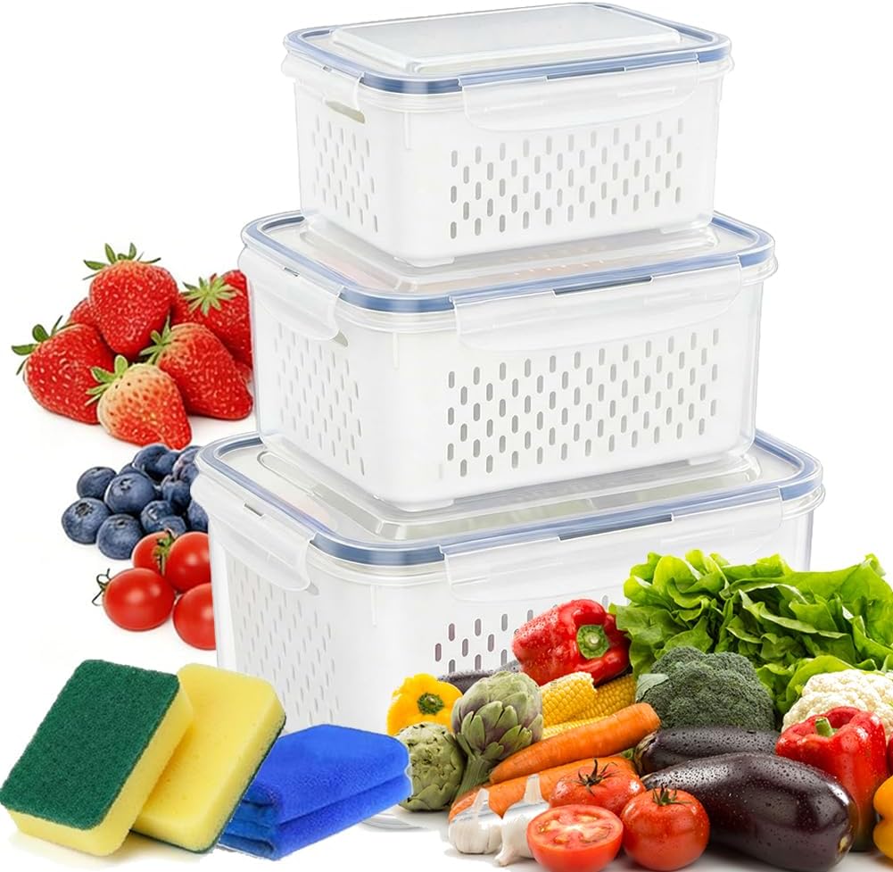 4 In 1 Food Storage Container, Fruit Storage Containers for Fridge, Produce Saver Containers, Refrigerator Fruit Washing Bowl With Strainer for Fridge Keep Fresh (Grey, 2-Piece M)