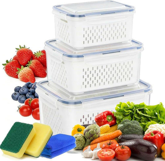 4 In 1 Food Storage Container, Fruit Storage Containers for Fridge, Produce Saver Containers, Refrigerator Fruit Washing Bowl With Strainer for Fridge Keep Fresh (Grey, 2-Piece M)