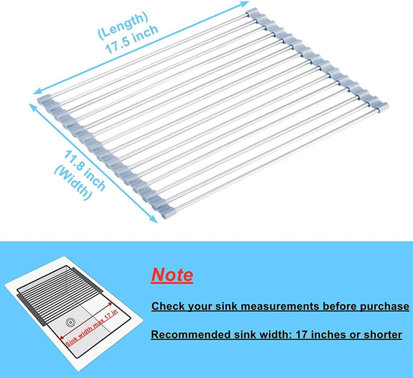 Seropy Roll Up Dish Drying Rack Over The Sink for Kitchen Sink Drying Rack Folding Dish Drainer Mat Rolling Dish Rack Sink Rack Stainless Steel Kitchen Dry Rack Black 17.5x15.7 Inch