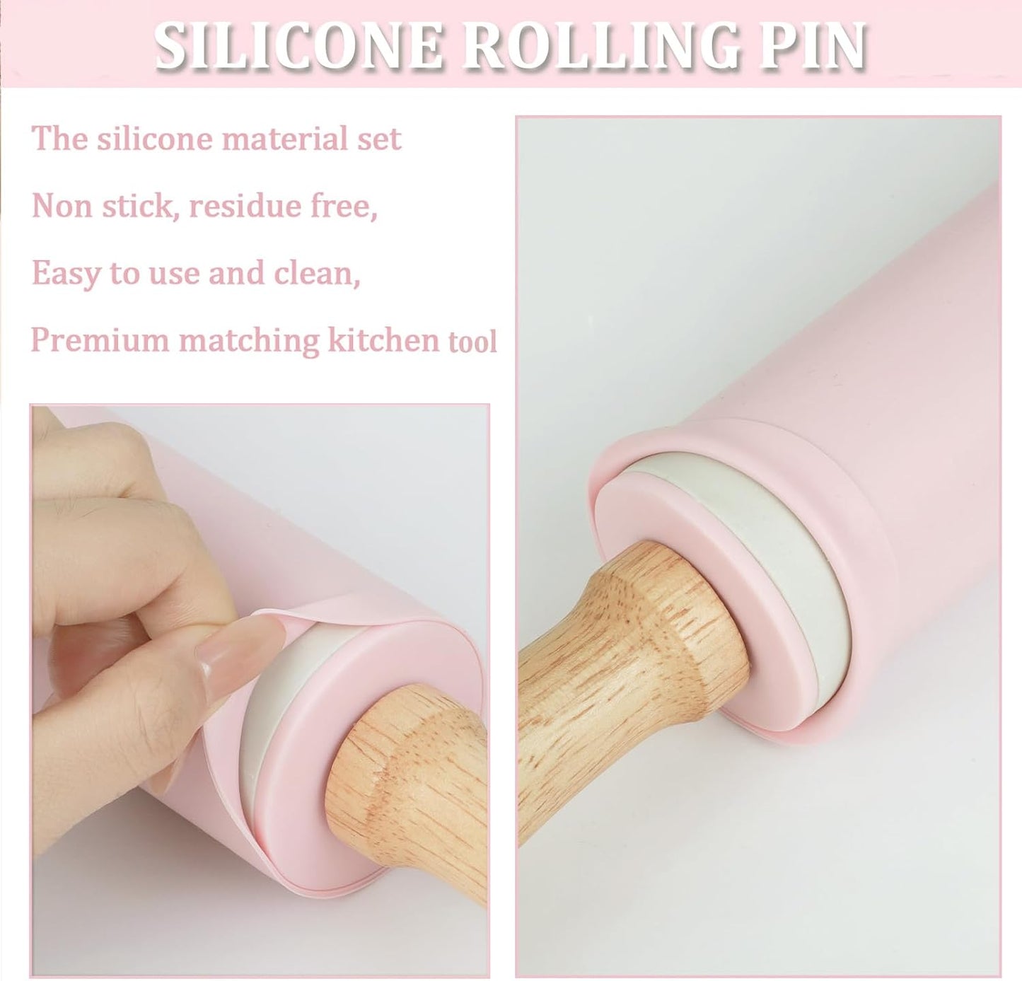 Silicone Rolling Pin for Baking,15Inch Pastry Dough Roller with Wooden Handle,Non Stick Surface Rolling Pin for Dough Cookie Pastry Tapered Dumpling Baking Supplies Kitchen Accessories