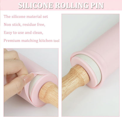 Silicone Rolling Pin for Baking,15Inch Pastry Dough Roller with Wooden Handle,Non Stick Surface Rolling Pin for Dough Cookie Pastry Tapered Dumpling Baking Supplies Kitchen Accessories