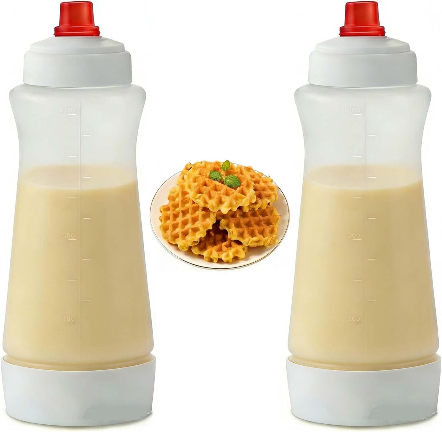 2 Pack Pancake Batter Mixer and Dispenser, Silicone Squeeze Bottle for Pancakes, Waffles, Crepes, Muffins, Qatayef, Cupcakes