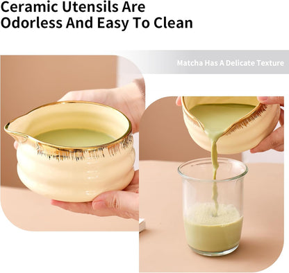 7-Piece Matcha Set: Matcha Bowl + Bamboo Whisk Kit, Ceremonial Matcha Whisk Tools with Golden Texture Details, Japanese Tea Ceremony Starter Kit, Unique Matcha Gift (pink)