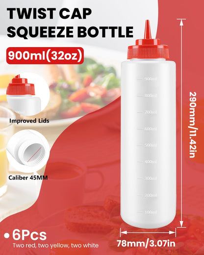 Multicolor Food-Grade Squeeze Bottles Set-Condiment Dispensers for Kitchen, BBQ, Sauces, Dressings, & Meal Prep (32oz)