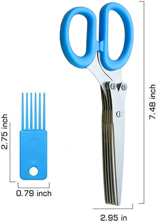 Herbal Scissors Stainless Steel 5 Blade Kitchen Scissors Mince Fresh Herbs & Leafy Greens Kitchen Gadgets Herb Cutter whit Cleaning Comb (Green)