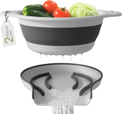 Gevoli Strainer with Self-Draining Base (5QT) Over-Sink Collapsible Kitchen Colander Set with Side-drain Base for Pasta Vegetables and Fruit, XL Large Capacity, Dishwasher Safe (5-Quart) Red/Gray