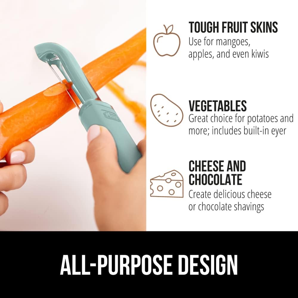 GORILLA GRIP® Patented BPA-Free Vegetable Peeler, Extra Sharp Swivel Stainless Steel Blades with Guard, Comfortable Soft Handle, Easily Peel Carrots or Fruit, Potato Eye Remover, Washer Safe, Black