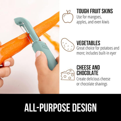 GORILLA GRIP® Patented BPA-Free Vegetable Peeler, Extra Sharp Swivel Stainless Steel Blades with Guard, Comfortable Soft Handle, Easily Peel Carrots or Fruit, Potato Eye Remover, Washer Safe, Black
