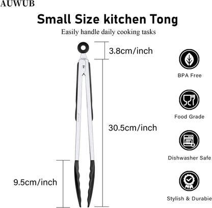 9+12 Inch Blue Salad Tongs 2-Piece Set, Silicone with 304 Stainless Steel Core & Non-Slip Grip, Kitchen Utensils for Grilling Salad