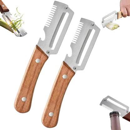 3 in 1 peeler and slicer tool, Serrated Peeling Knife Premium Vegetable Peeler, Multi-function Stainless Steel Thickened Fruit PeelersWooden Handle and Bottle Opener for Fruits and Vegetables (1)