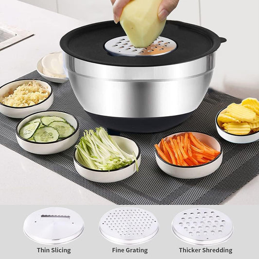 Rottay Mixing Bowls with Airtight Lids, 20PCS Stainless Steel Mixing Bowl Set, Nesting Bowls with 3 Grater Attachments & Non-Slip Bottoms, Size7, 4, 3, 2, 1.5, 1QT Bowls for Baking&Prepping