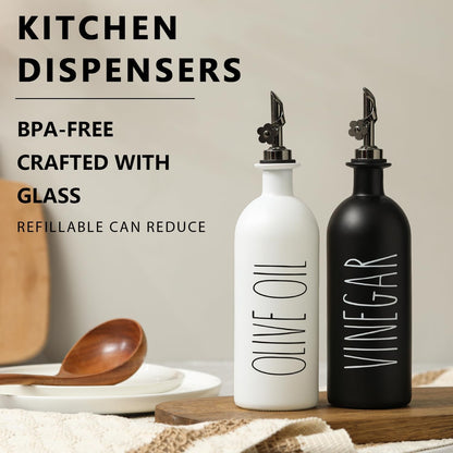 HOMCDALY Premium Olive Oil Dispenser for Kitchen, 11.8oz Glass Oil Bottles with Bamboo Tray, White and Gold Oil&Vinegar Cruet Set, Kitchen Dispenser Bottles with Pourer| Set of 2 (11.8oz –P–Gold)